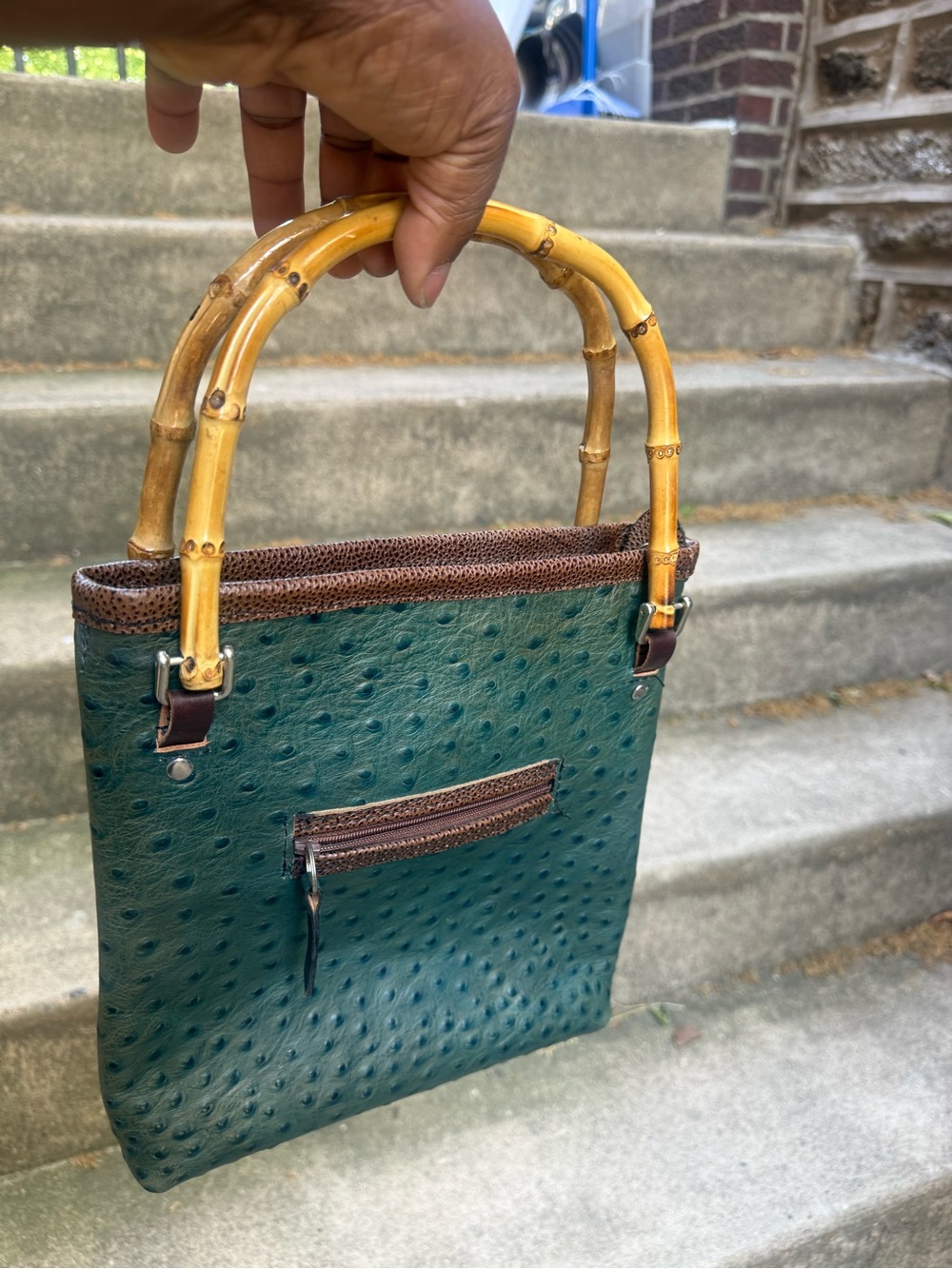 Green Faux-Ostrich Bamboo Handle Tote - Unbranded